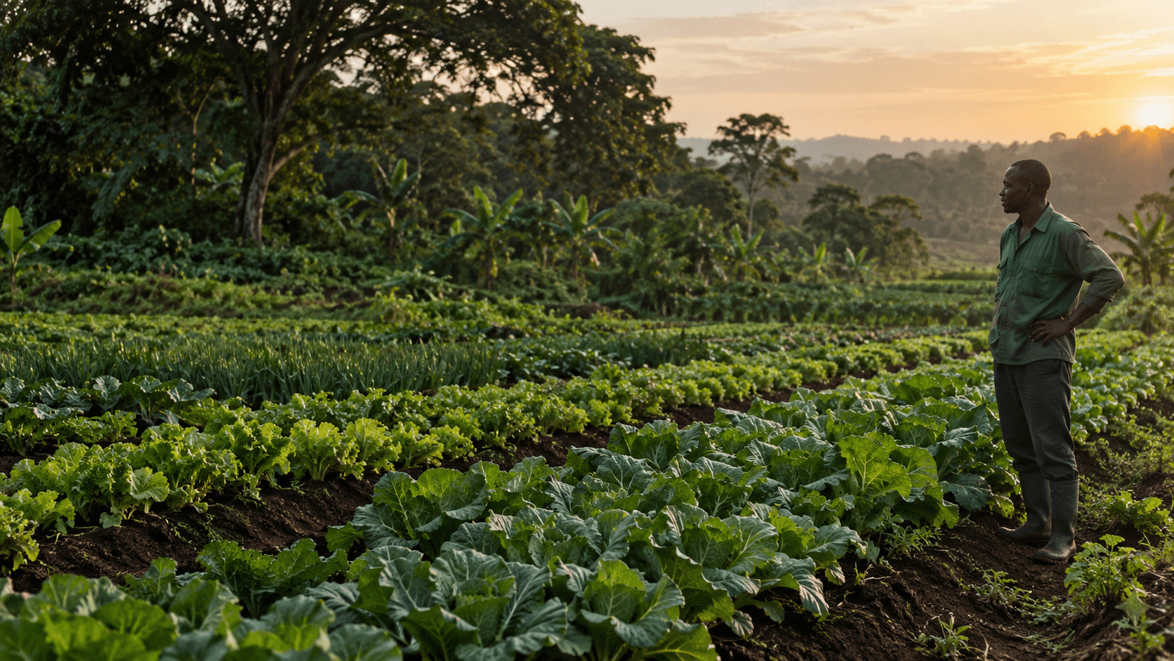 Illustrative scene of a farmer overlooking green crop rows